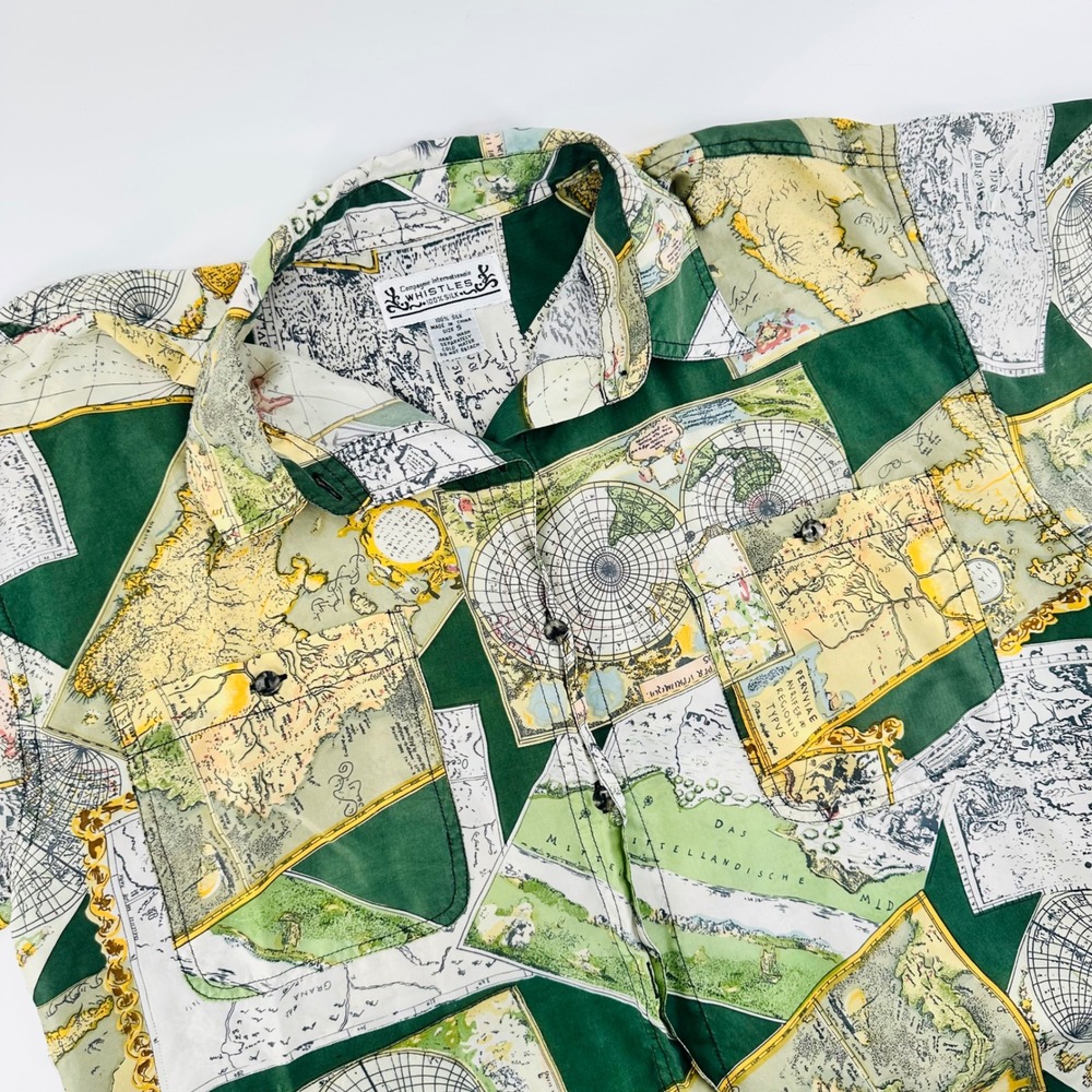 Whistles Vintage Map Print Silk Shirt Green Yellow Small Short Sleeve